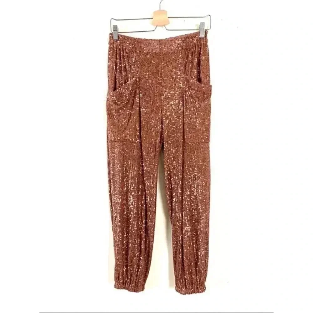 Free People Morelia Sequin Jogger Pants Bronze